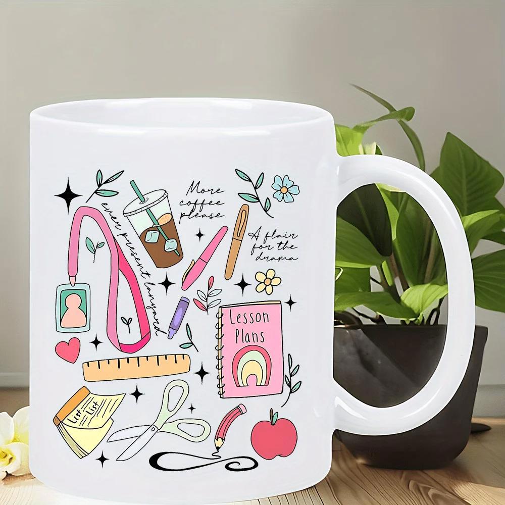 Tailorly White Ceramic 11 oz Mug - More Coffee Please Lesson Plans Hand Drawn Stationery Elements Surrounded By Floral Icons And Stars Mug