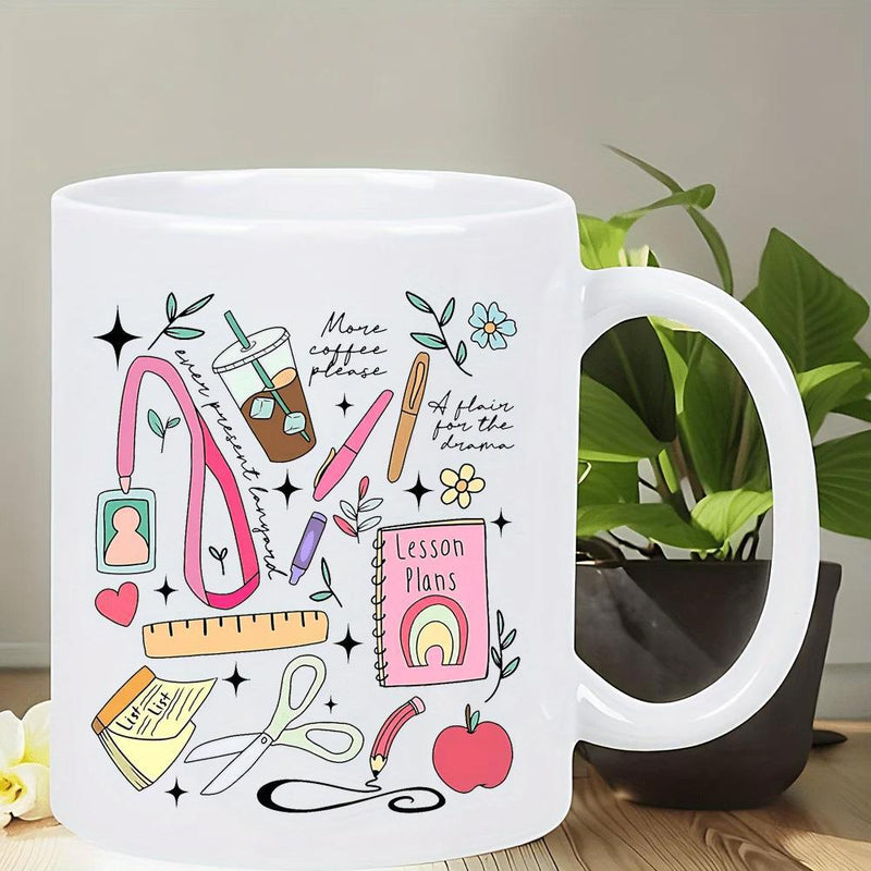 Tailorly White Ceramic 11 oz Mug - More Coffee Please Lesson Plans Hand Drawn Stationery Elements Surrounded By Floral Icons And Stars Mug