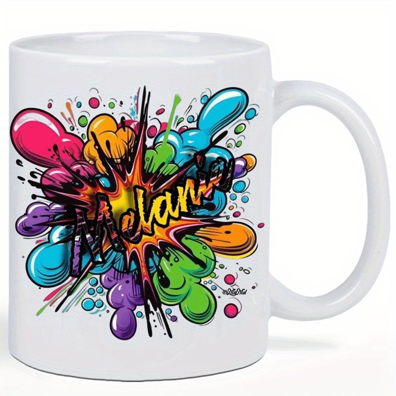 Tailorly White Ceramic 11 oz Mug - Melanie Vibrant Abstract Graffiti Splatter Among Colorful Bubbles And Splashing Paint Explosion