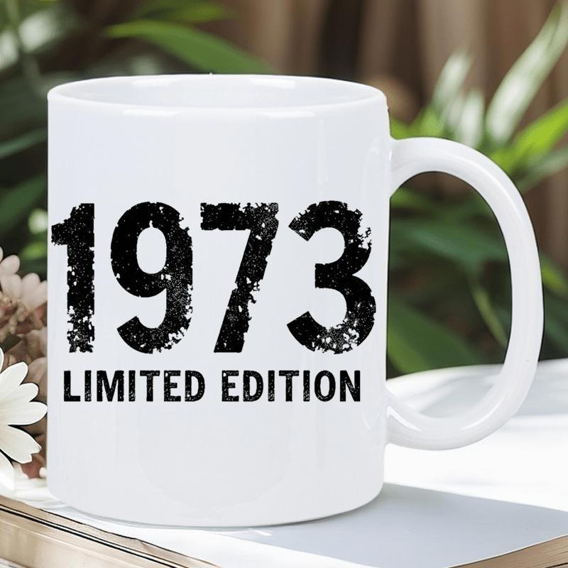 Tailorly White Ceramic 11 oz Mug - 1973 Limited Edition Distressed Black Numbers Printed On A Classic