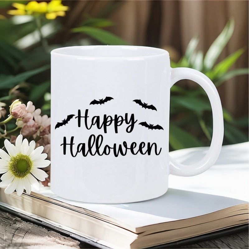 Tailorly White Ceramic 11 oz Mug - Happy Halloween Four Silhouette Bats Flying In Symmetric Formation Around Spooky Text Bat