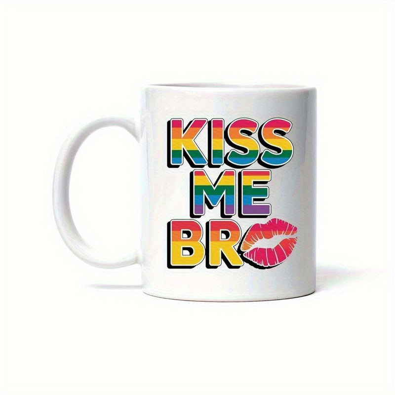 Tailorly White Ceramic 11 oz Mug - Kiss Me Bro Vibrant Rainbow Patterned Lettering Featuring A Textured Red Hot Lipstick Kiss Lips