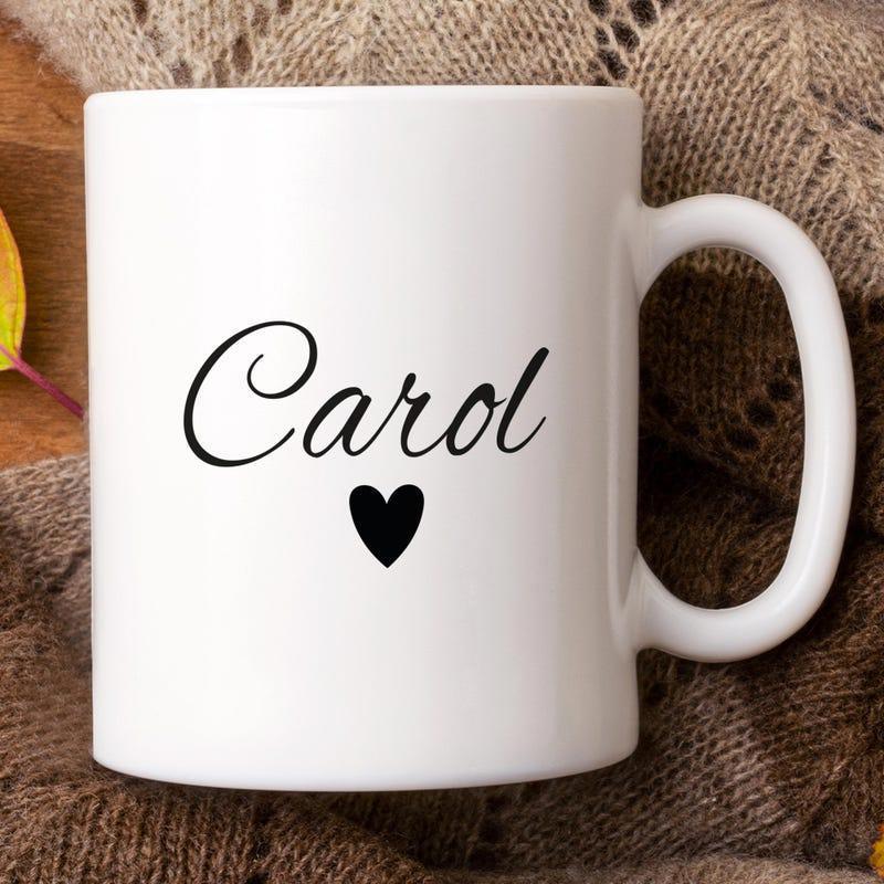 Tailorly White Ceramic 11 oz Mug - Carol Featuring Small Black Heart Centered On Clean