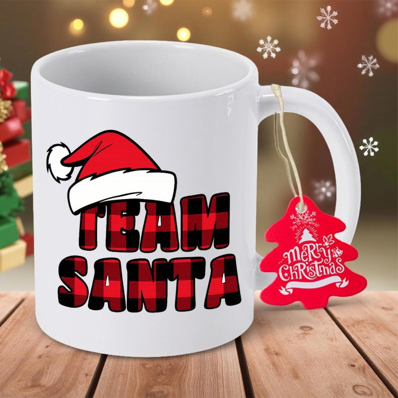 Tailorly White Ceramic 11 oz Mug - Team Santa Red And Black Buffalo Plaid Pattern Featured Under A Festive Santa Hat
