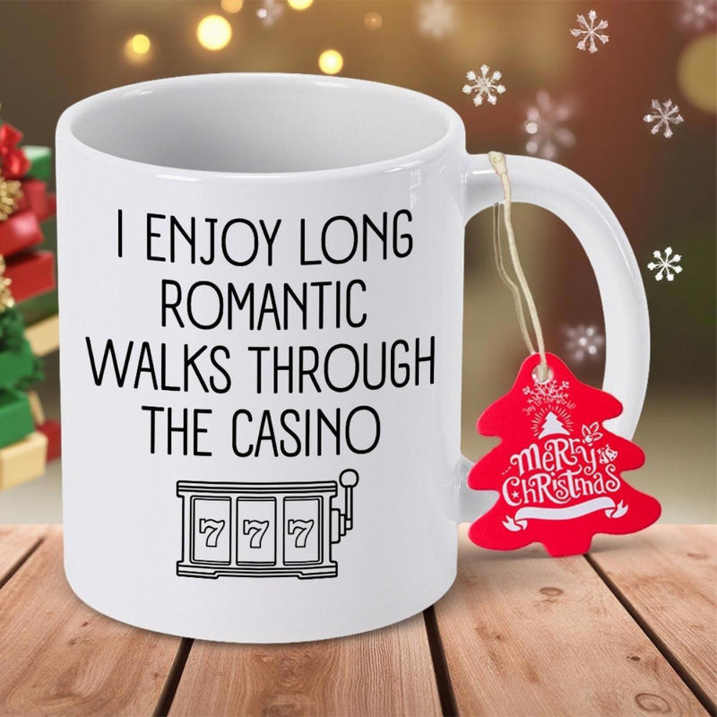 Tailorly White Ceramic 11 oz Mug - I Enjoy Long Romantic Walks Through The Casino Stylized Line Drawing Representation Of A Lucky Winning Jackpot Casino Slot