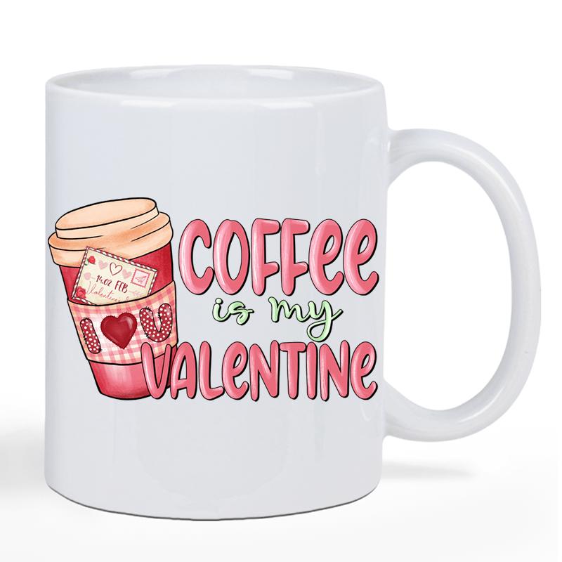 Tailorly White Ceramic 11 oz Mug - Coffee Is My Valentine Pink Bubble Letters With Heart Decorated Paper Takeaway Coffee Cup