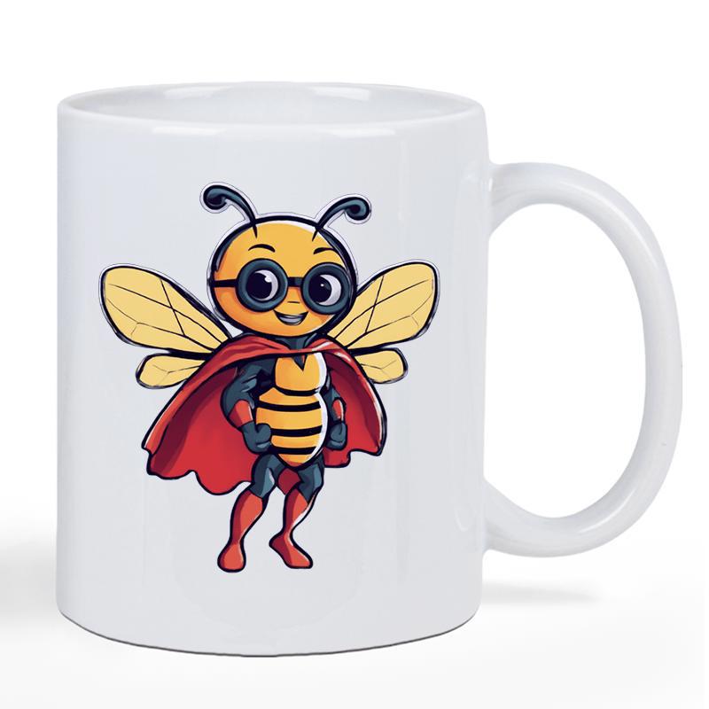 Tailorly White Ceramic 11 oz Mug - Charming Superhero Character Wearing Glasses And A Red Flying Cape Bee