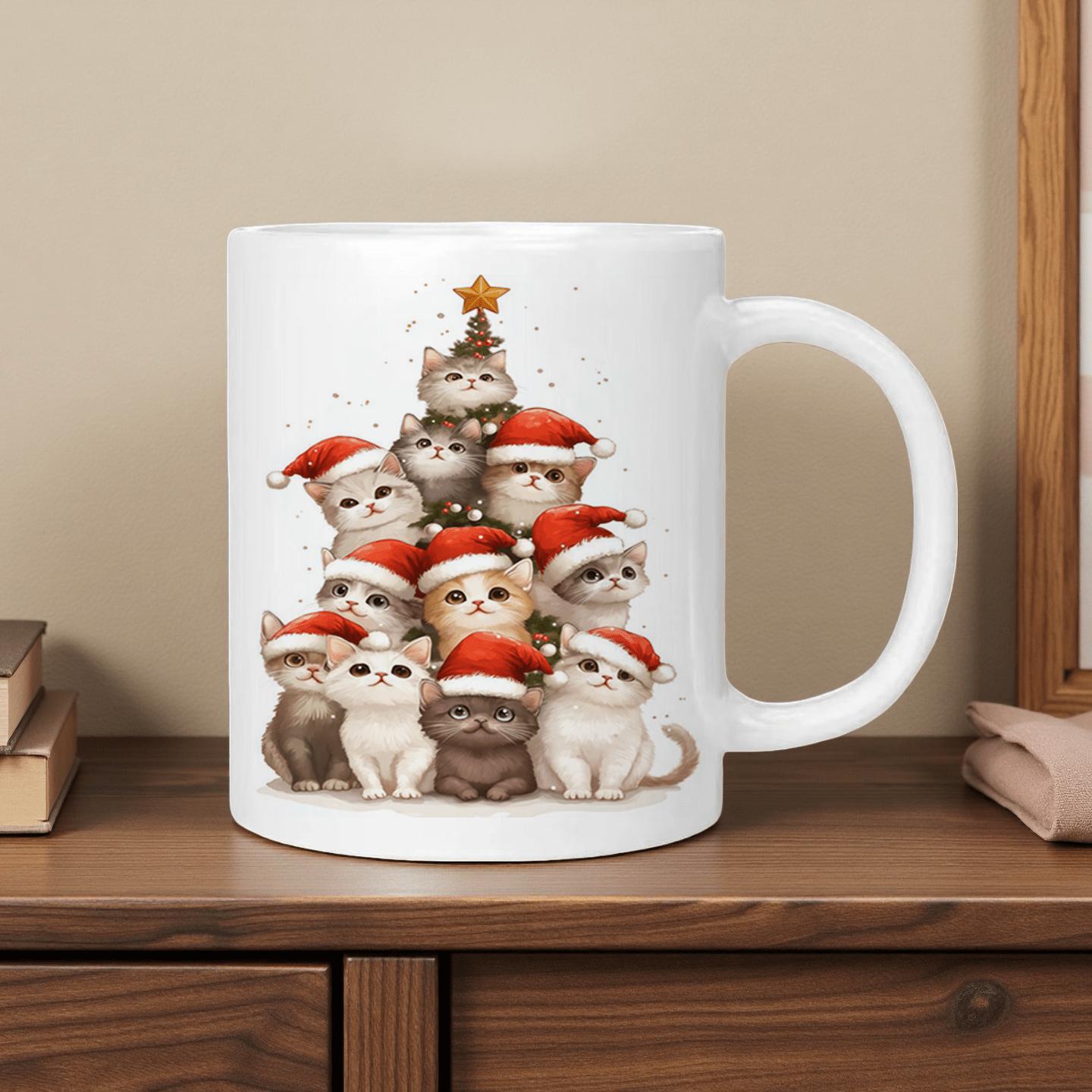 Tailorly White Ceramic 11 oz Mug - Cute Kittens Wearing Santa Hats Stacked In A Festive Tree Shape Cat