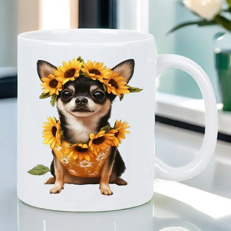 Tailorly White Ceramic 11 oz Mug - Tiny Chihuahua Wearing Bright Yellow Sunflowers Under Gentle Morning Light Dog