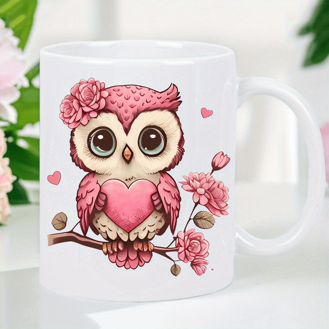 Tailorly White Ceramic 11 oz Mug - Adorable Pink Cartoon Bird Holding Heart On Flowering Tree Branch Owl