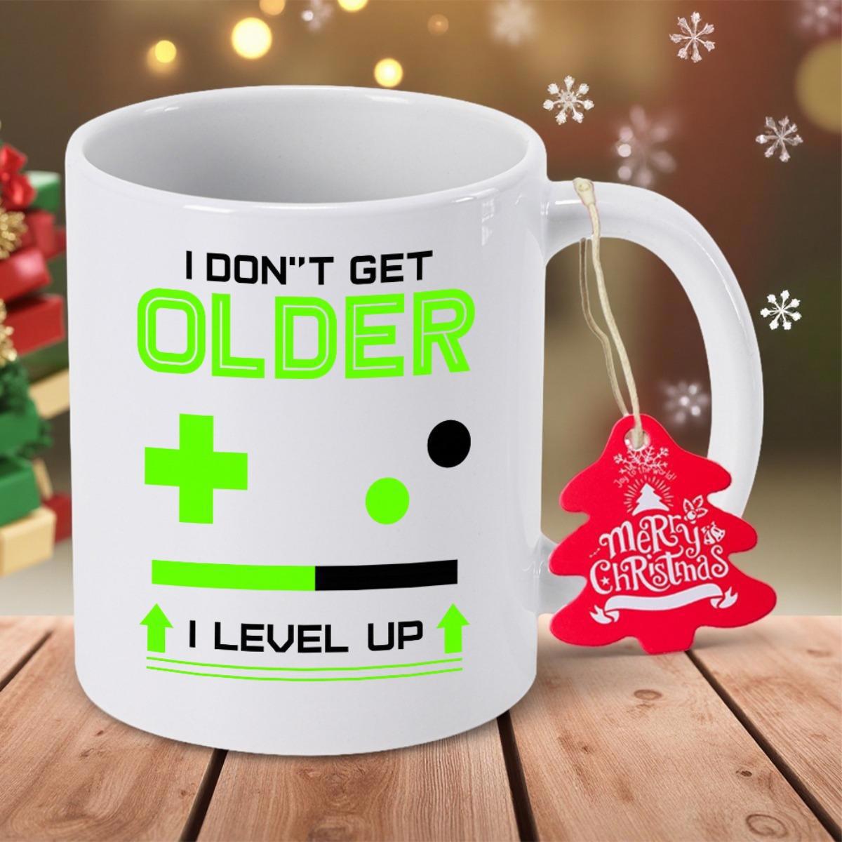 Tailorly White Ceramic 11 oz Mug - I Don't Get Older I Level Up Minimalist Retro Style Gaming Symbols In Neon Green Controller