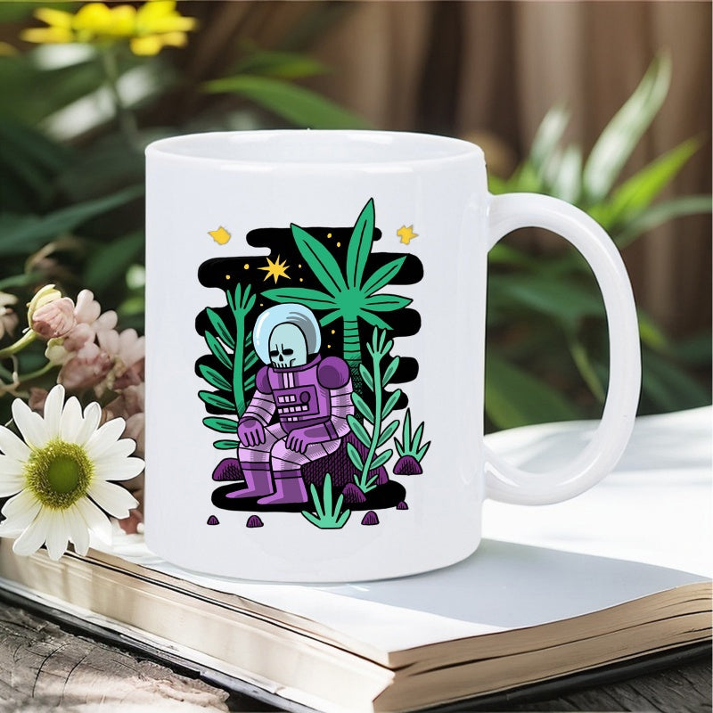 Tailorly White Ceramic 11 oz Mug - Purple Spacesuit Sitting Among Exotic Green Plants Under Twinkling Stars Astronaut