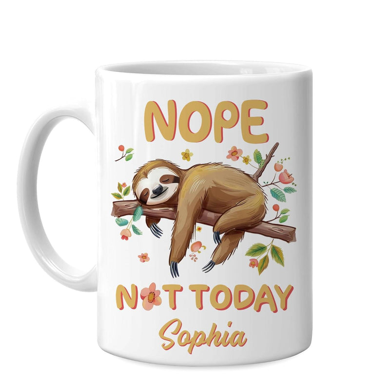 Tailorly White Ceramic 11 oz Mug - Nope Not Today Sophia Sleepy Brown Creature Resting On Tree Branch Among Delicate Flowers Sloth