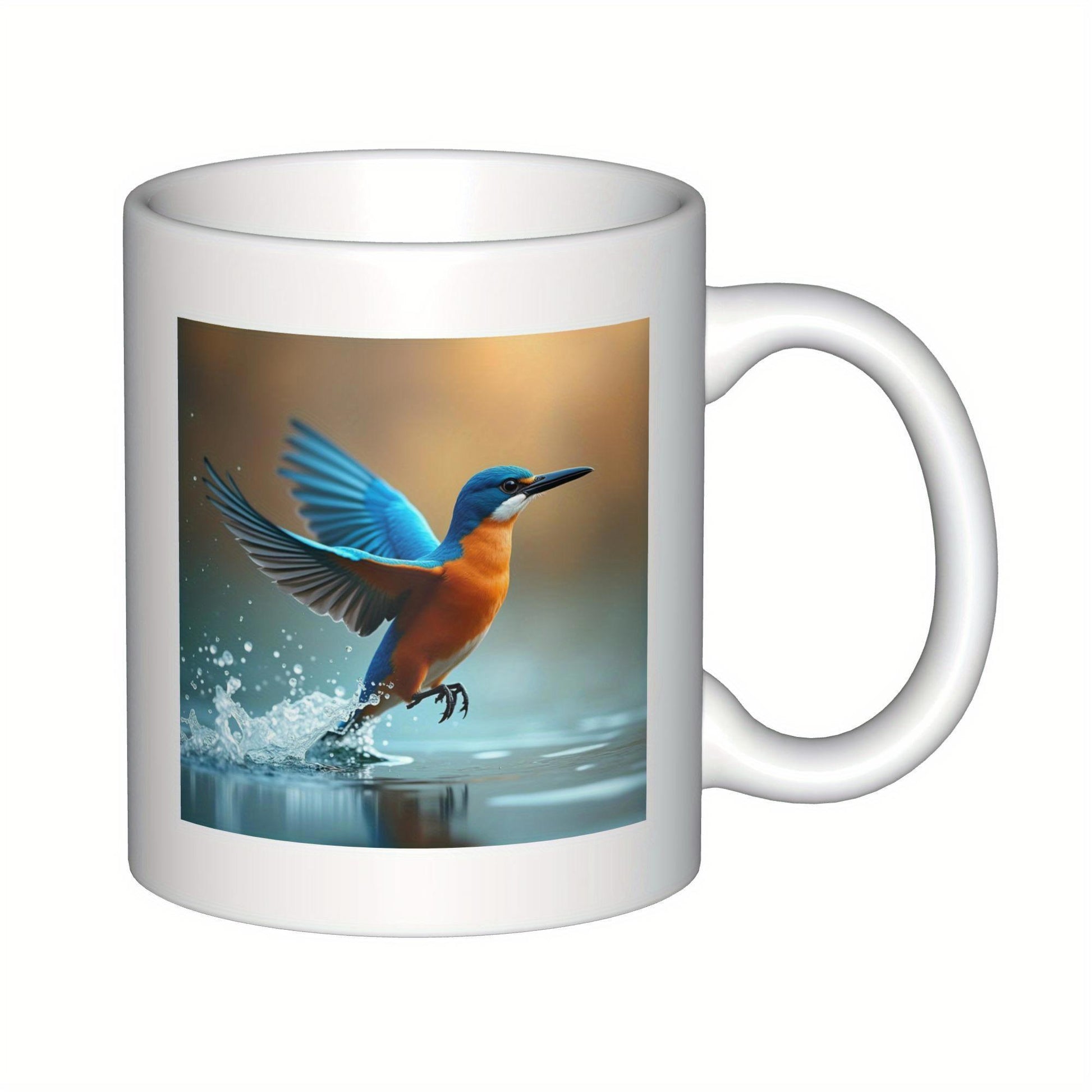 Tailorly White Ceramic 11 oz Mug - Vibrant Blue Kingfisher Wings Splashing Through Calm Water Under Warm Light Kingfisher