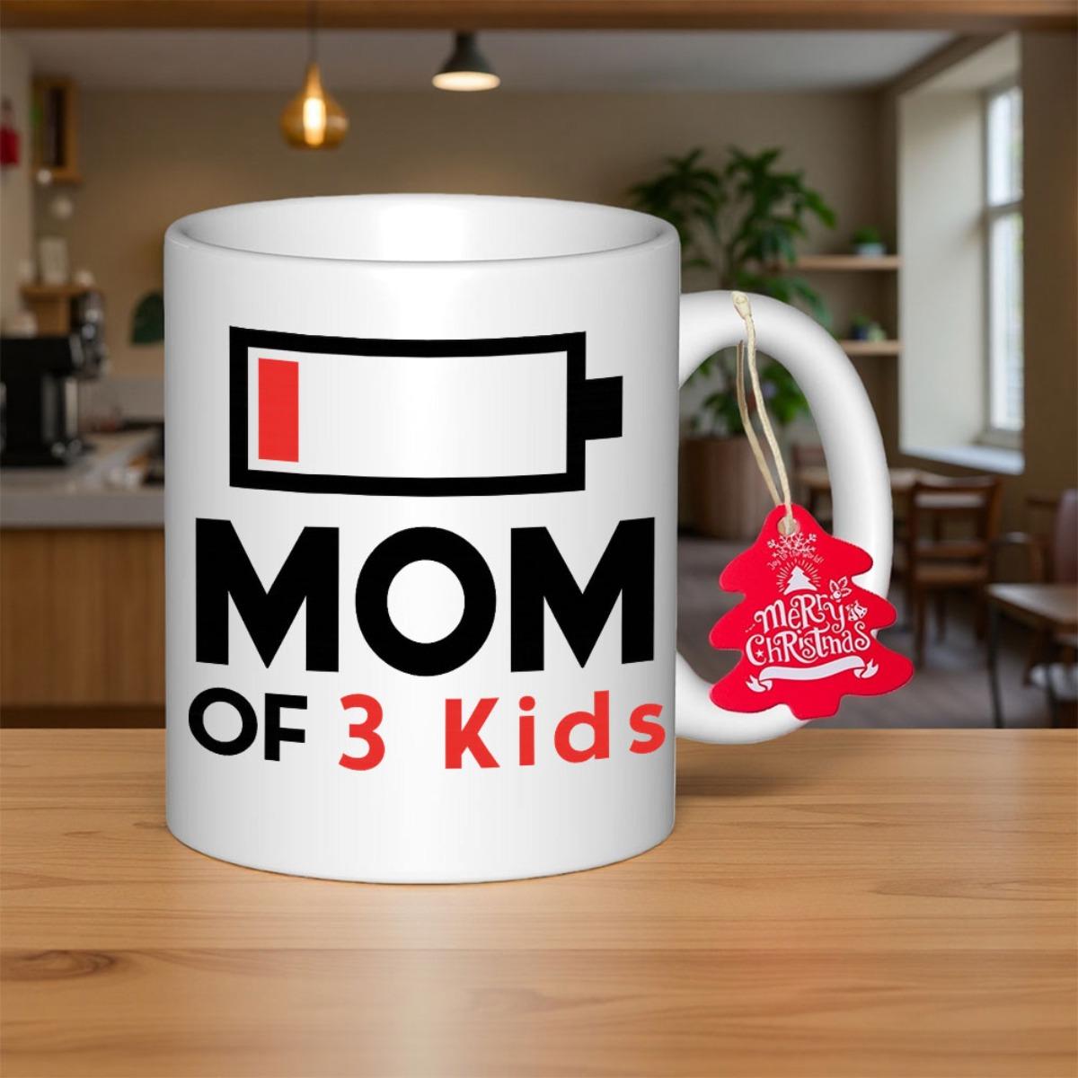 Tailorly White Ceramic 11 oz Mug - Mom Of 3 Kids Low Battery Symbol Signifying Tiredness With Red Bar Displaying Depleted Energy Battery