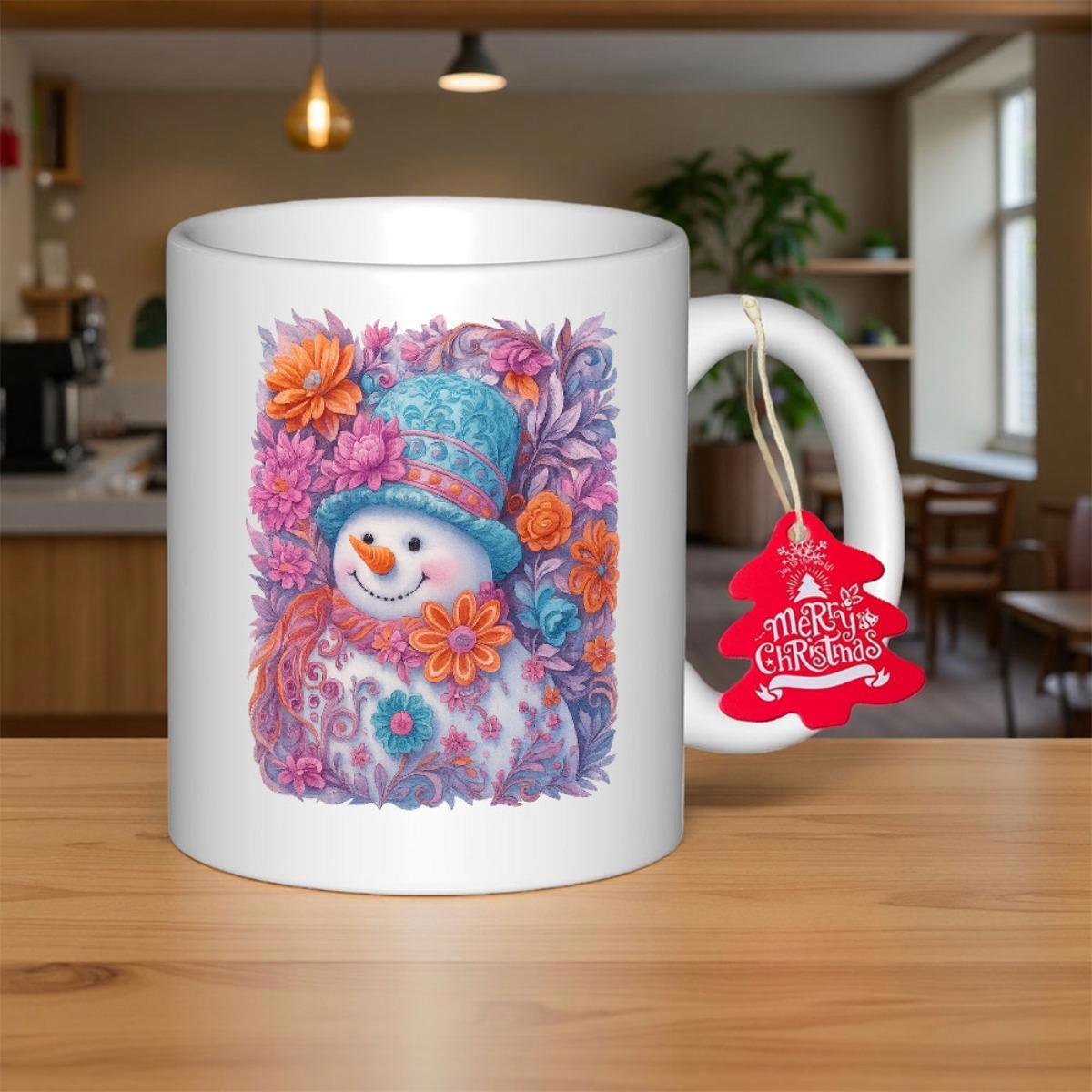 Tailorly White Ceramic 11 oz Mug - Merry Christmas Cheerful Winter Snowman Wearing Blue Hat Surrounded By Colorful Spring Flowers Snowman