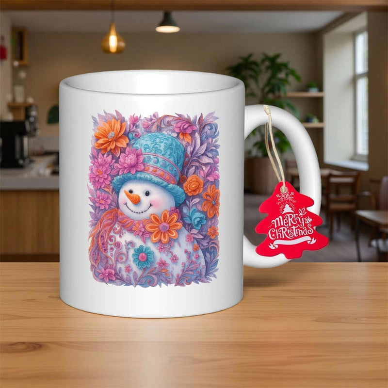 Tailorly White Ceramic 11 oz Mug - Merry Christmas Cheerful Winter Snowman Wearing Blue Hat Surrounded By Colorful Spring Flowers Snowman
