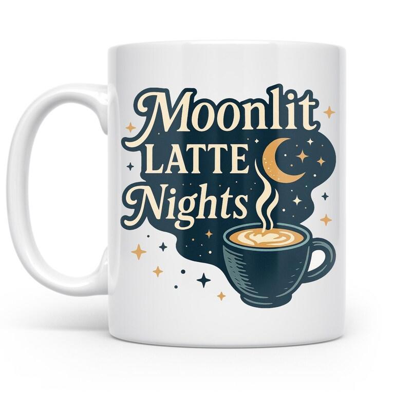 Tailorly White Ceramic 11 oz Mug - Moonlit Latte Nights Celestial Night Sky With Crescent Moon And Stars Surrounding A Steaming Coffee Cup