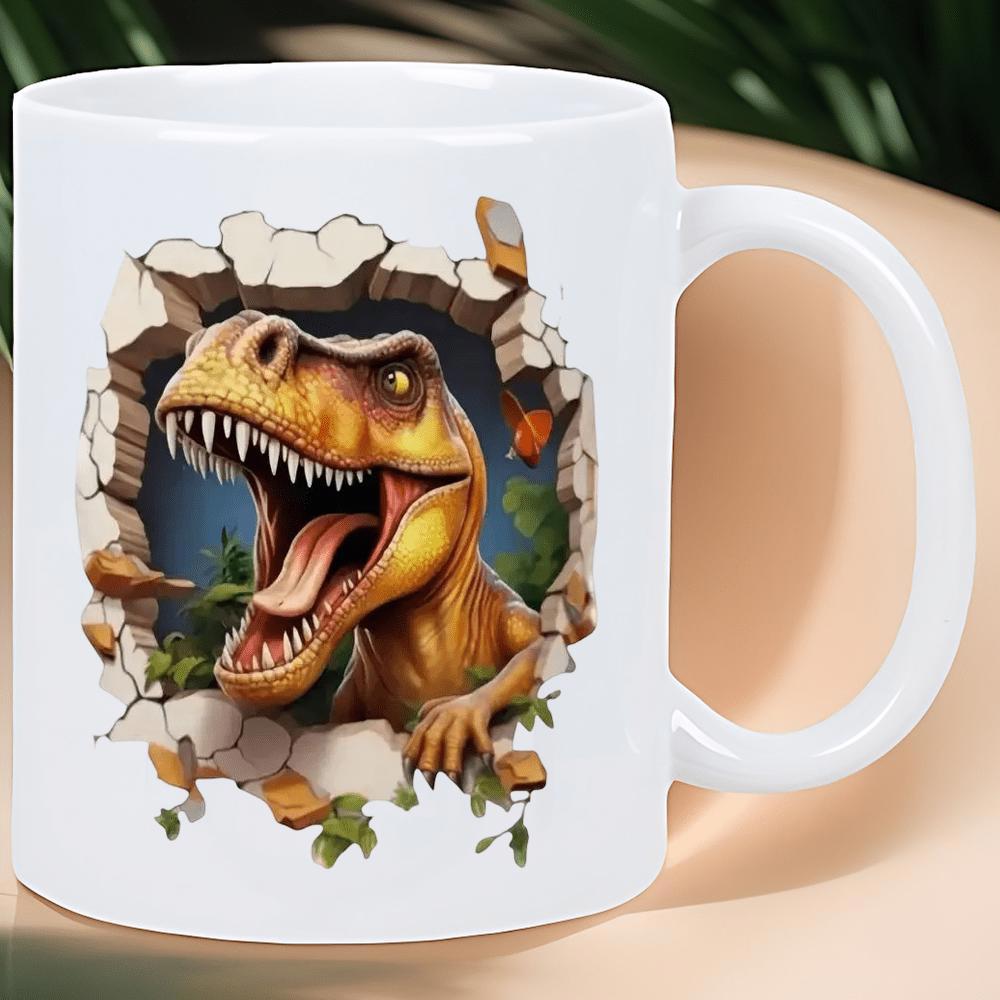 Tailorly White Ceramic 11 oz Mug - Fierce Prehistoric Creature Bursting Through Cracked Stone Wall Roaring Wild Dinosaur