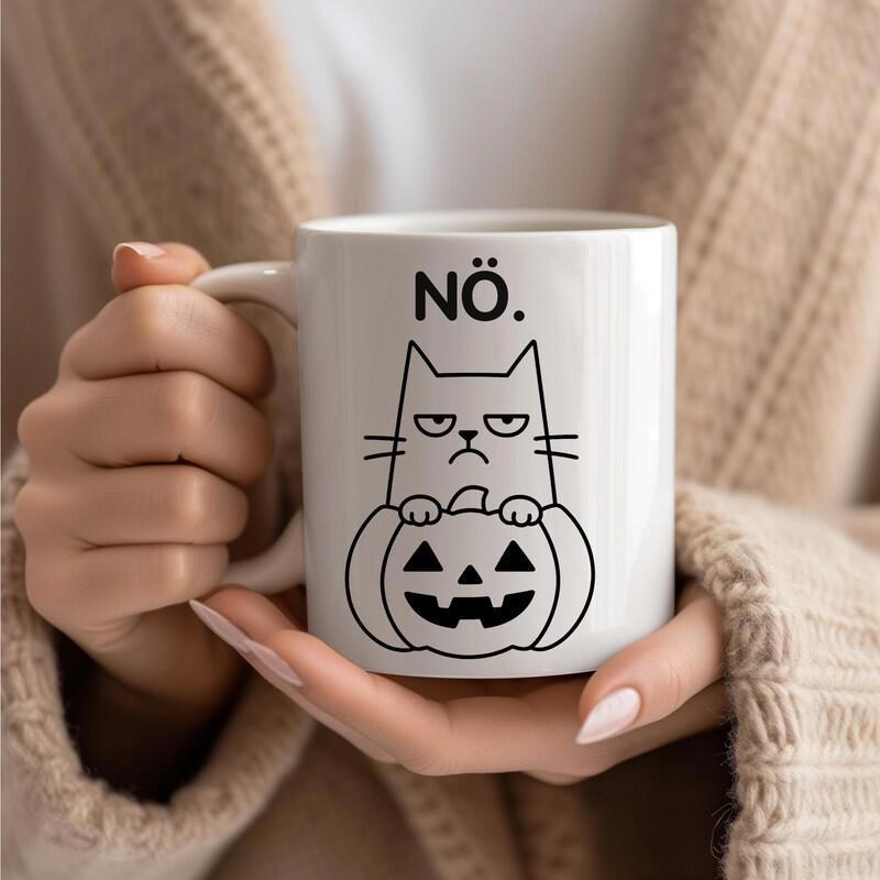 Tailorly White Ceramic 11 oz Mug - Minimalist Halloween Line Art Featuring A Grumpy Comic Style Pet Cat