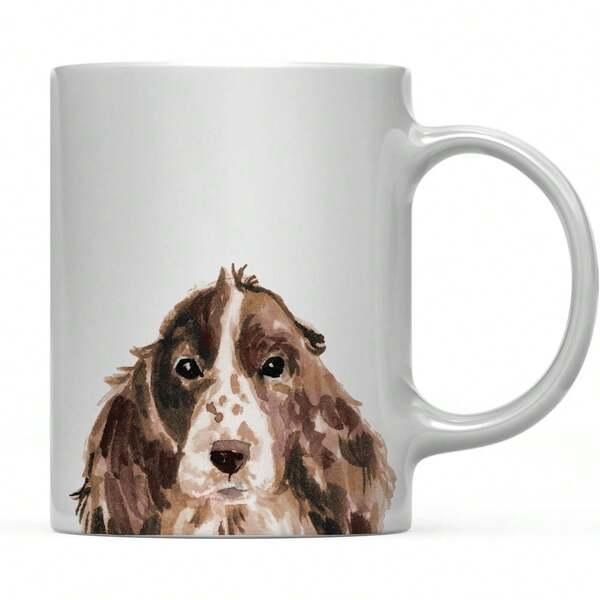 Tailorly White Ceramic 11 oz Mug - Artistic Watercolor Portrait Showing A Brown And White Cocker Spaniel Dog