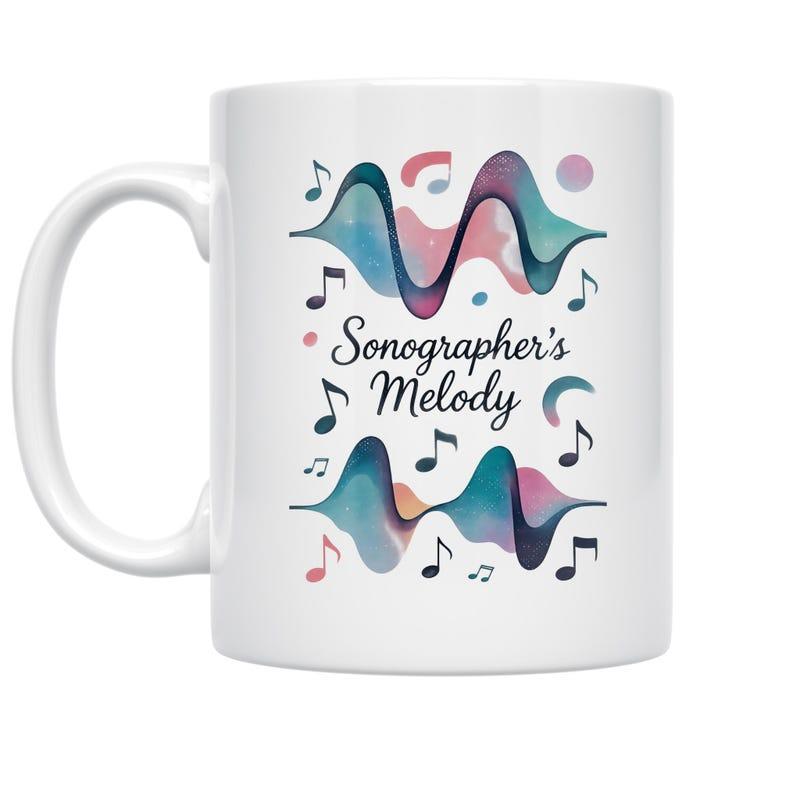 Tailorly White Ceramic 11 oz Mug - Sonographer's Melody Colorful Abstract Musical Notes Floating Around Artistic Rhythmic Sound Wave