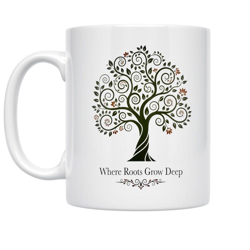 Tailorly White Ceramic 11 oz Mug - Where Roots Grow Deep Intricate Swirling Branches With Delicate Leaves Standing Firm In Nature Tree