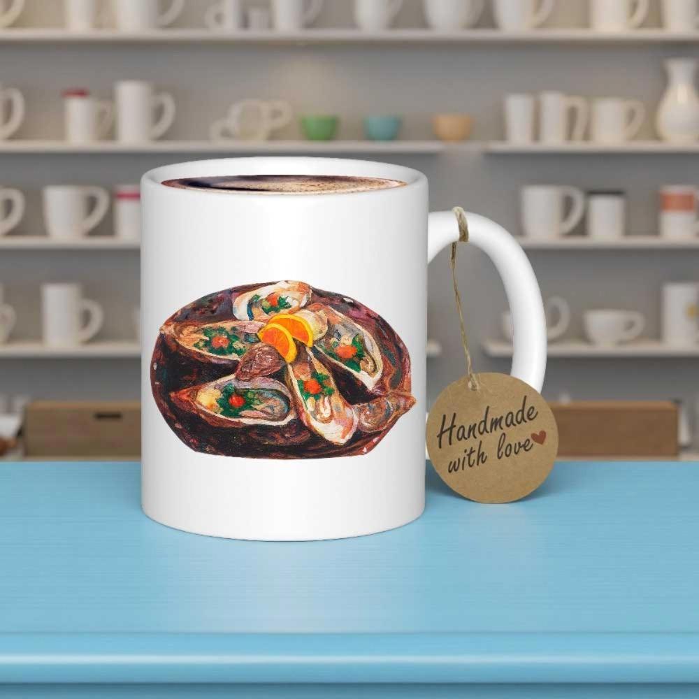 Tailorly White Ceramic 11 oz Mug - Delicious Fresh Seafood Platter Arranged On A Dark Ceramic Plate Oyster