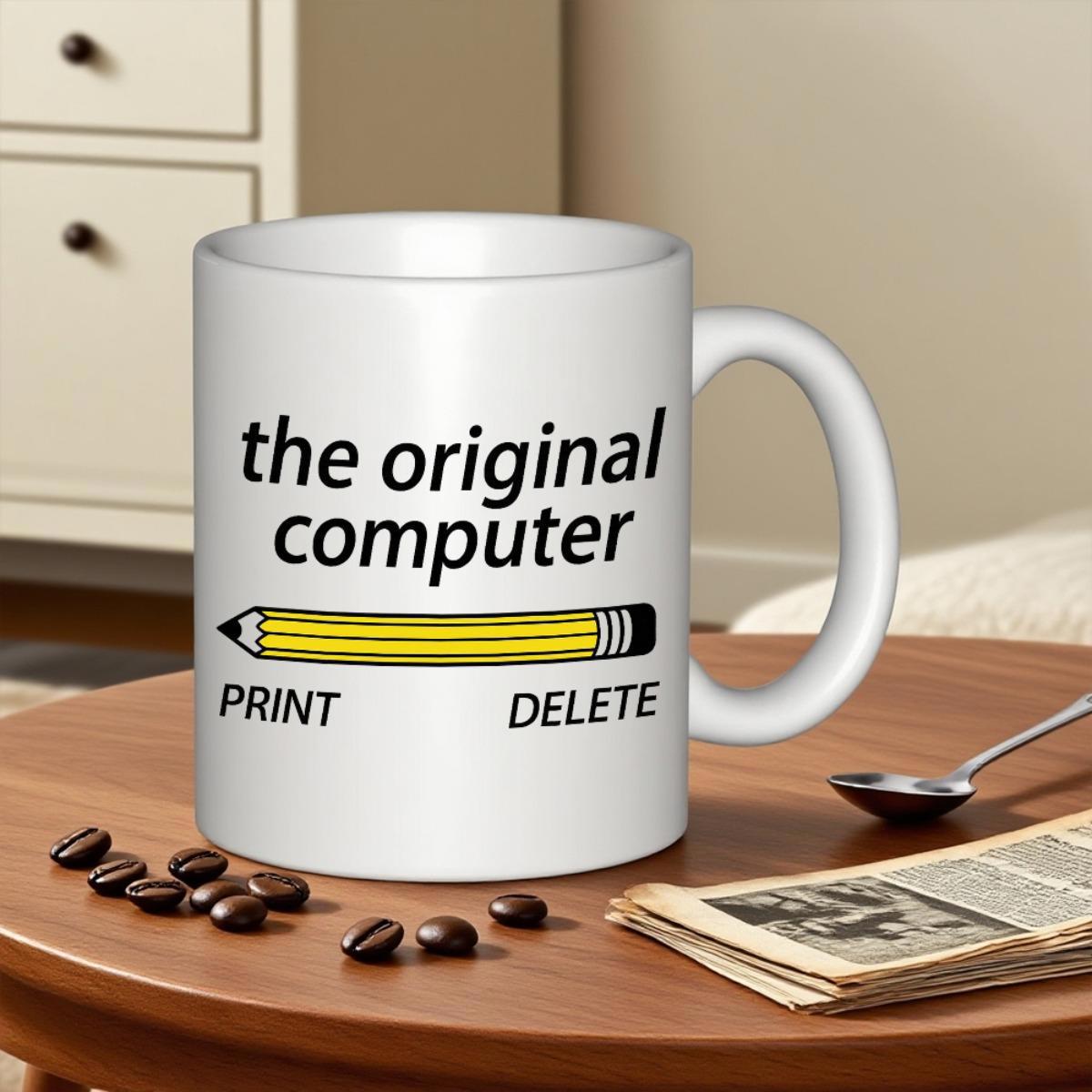 Tailorly White Ceramic 11 oz Mug - The Original Computer Print Delete Classic Yellow Wooden Writing Instrument Floating Above White Surface Simple Pencil