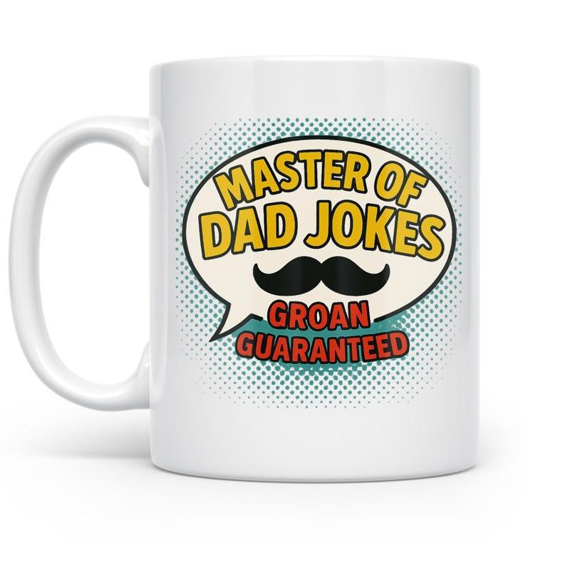 Tailorly White Ceramic 11 oz Mug - Master Of Dad Jokes Groan Guaranteed Vintage Halftone Speech Bubble Featuring A Bold Stylized Black Mustache