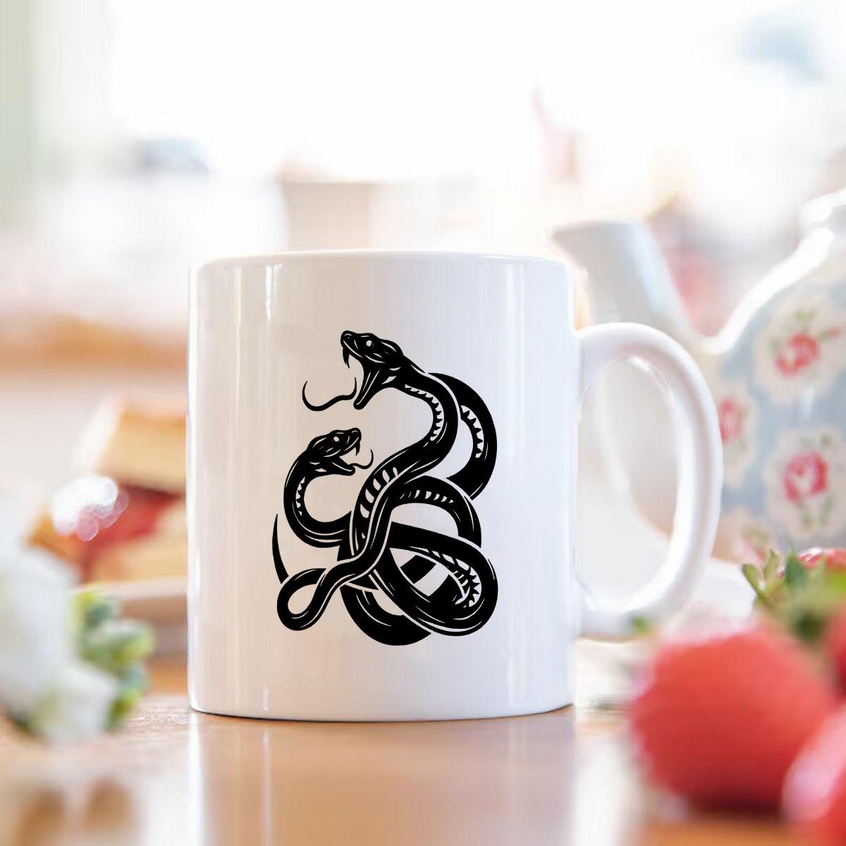 Tailorly White Ceramic 11 oz Mug - Two Intertwined Black Serpents With Open Mouths Hissing In Defensive Pose Snake