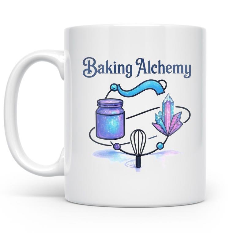 Tailorly White Ceramic 11 oz Mug - Baking Alchemy Whisk Jar And Crystal Floating Within A Magical Swirling Circular Ribbon Whisk