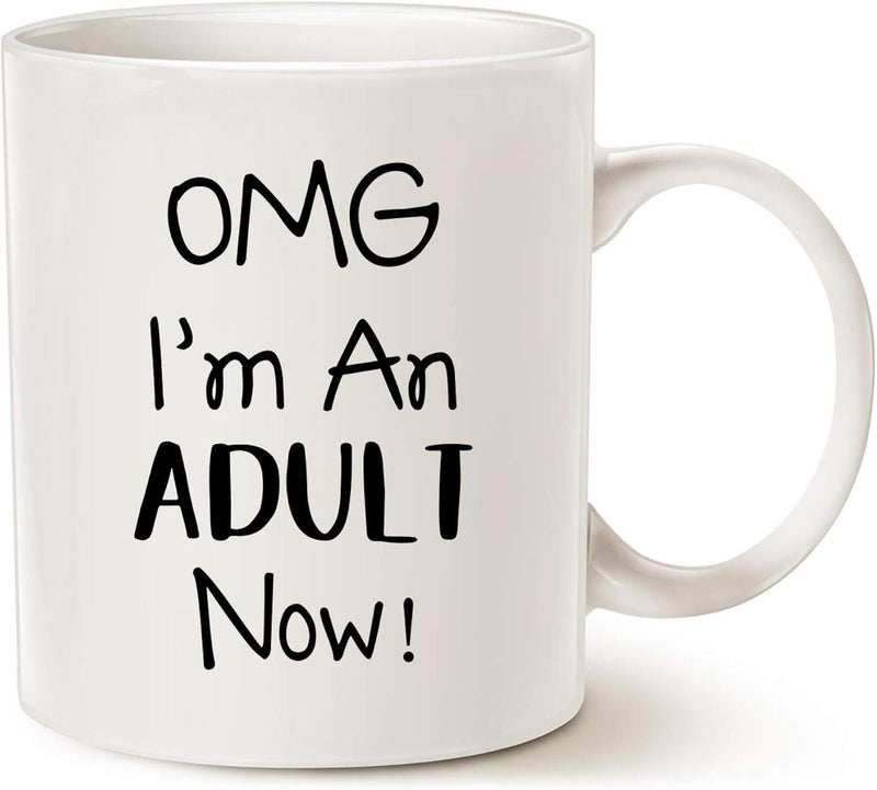 Tailorly White Ceramic 11 oz Mug - Omg Im An Adult Now Pure With Minimalist Black Handwritten Typography Style Mug