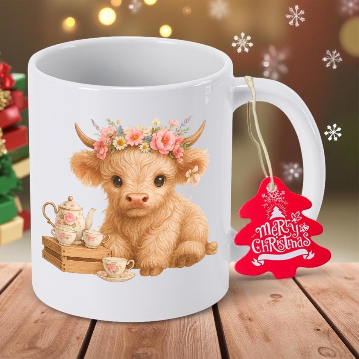 Tailorly White Ceramic 11 oz Mug - Merry Christmas Fluffy Highland Calf Wearing Delicate Pink Flower Crown Beside Teapot Cow