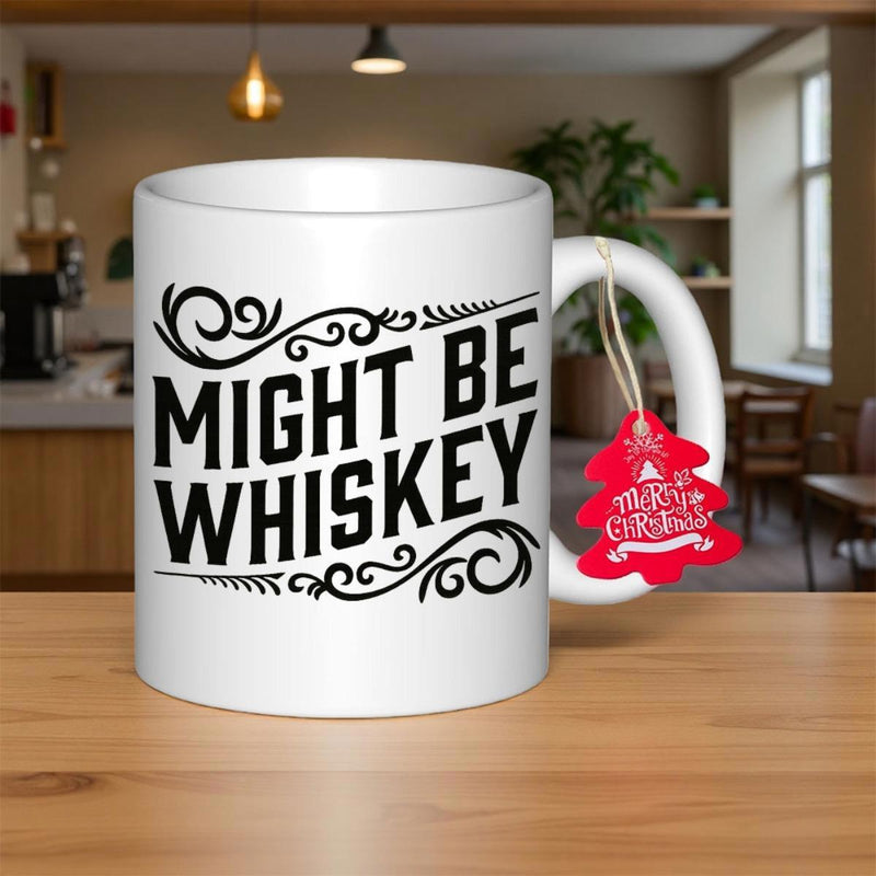 Tailorly White Ceramic 11 oz Mug - Might Be Whiskey Vintage Ornate Filigree Border Frame Around Bold Statement Lettering Mug