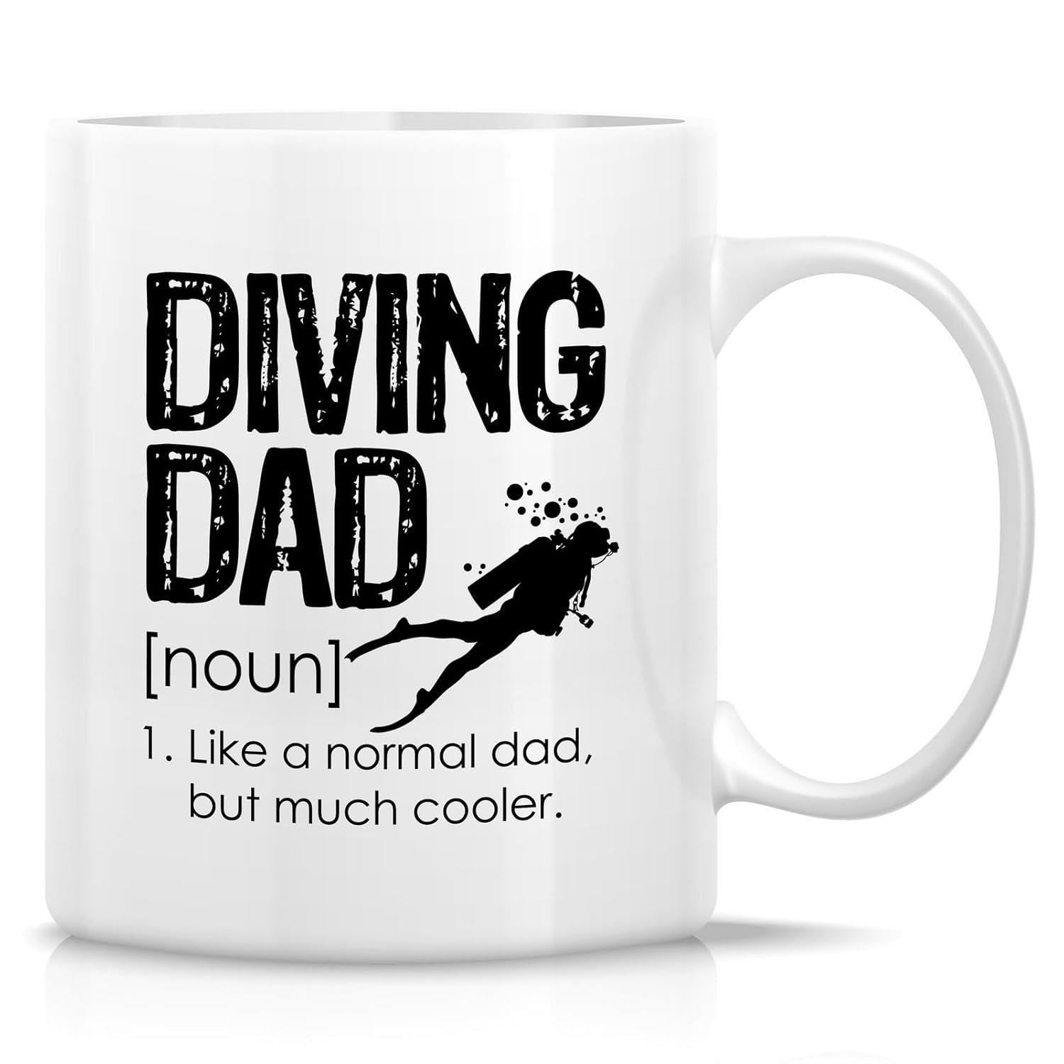 Tailorly White Ceramic 11 oz Mug - Diving Dad Black Silhouette Of A Scuba Diver Swimming Deep Underwater With Bubbles Diver