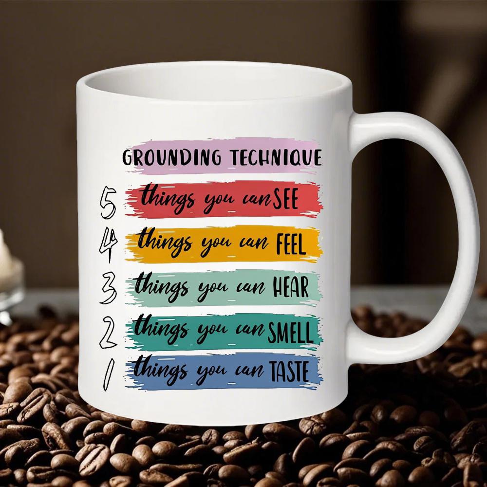 Tailorly White Ceramic 11 oz Mug - Grounding Technique Colorful Artistic Horizontal Brushstrokes Featuring Five Senses Mindfulness Anxiety Prompts Mug