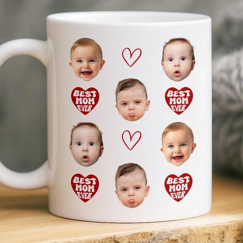 Tailorly White Ceramic 11 oz Mug - Best Mom Ever Adorable Smiling Baby Faces And Red Hearts Scattered Over