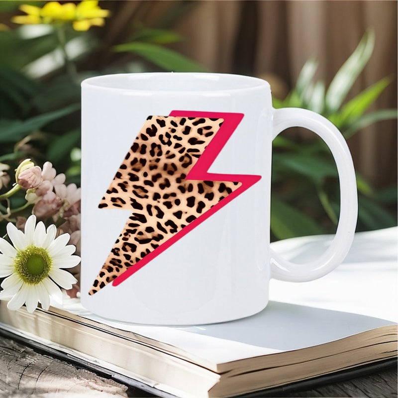 Tailorly White Ceramic 11 oz Mug - Stylish Leopard Print Pattern With Pink Outline Accents Inside A Lightning Bolt
