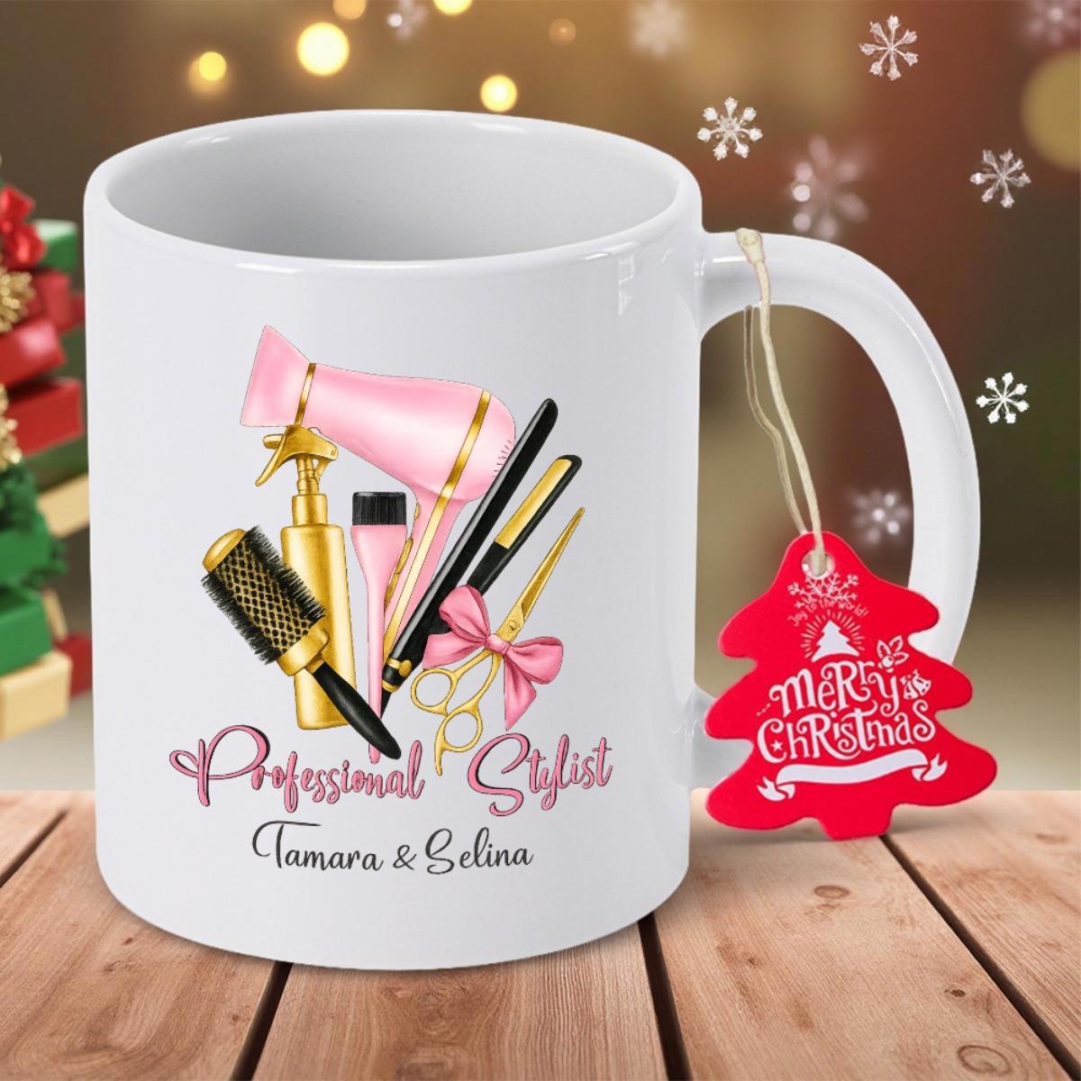 Tailorly White Ceramic 11 oz Mug - Professional Stylist Tamara Selina Pink Hair Dryer And Golden Brush Accompanied By Shears With Ribbon Tools