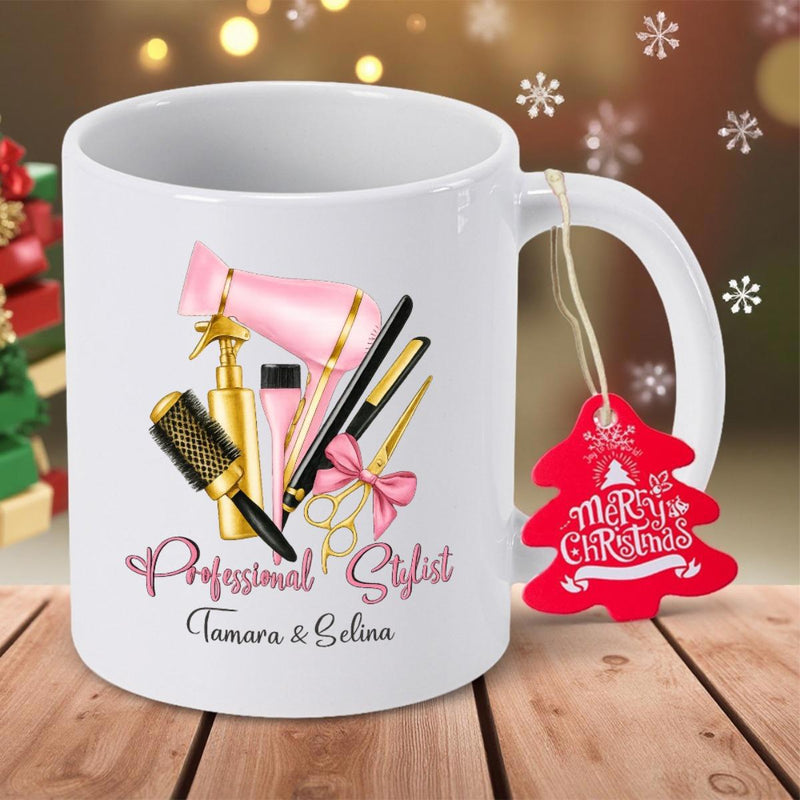 Tailorly White Ceramic 11 oz Mug - Professional Stylist Tamara Selina Pink Hair Dryer And Golden Brush Accompanied By Shears With Ribbon Tools