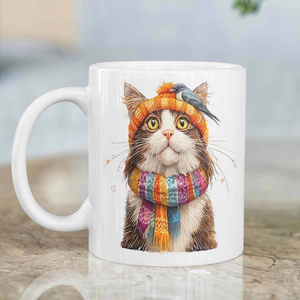 Tailorly White Ceramic 11 oz Mug - Adorable Fluffy Brown Cat Wearing Colorful Winter Scarf And Knitted Beanie Cat