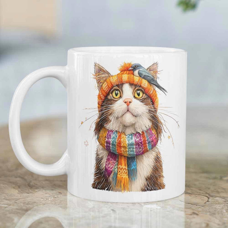 Tailorly White Ceramic 11 oz Mug - Adorable Fluffy Brown Cat Wearing Colorful Winter Scarf And Knitted Beanie Cat