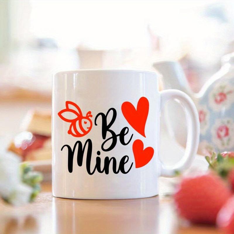 Tailorly White Ceramic 11 oz Mug - Be Mine Adorable Little Red Bee Dancing Among Two Bright Red Hearts Bee