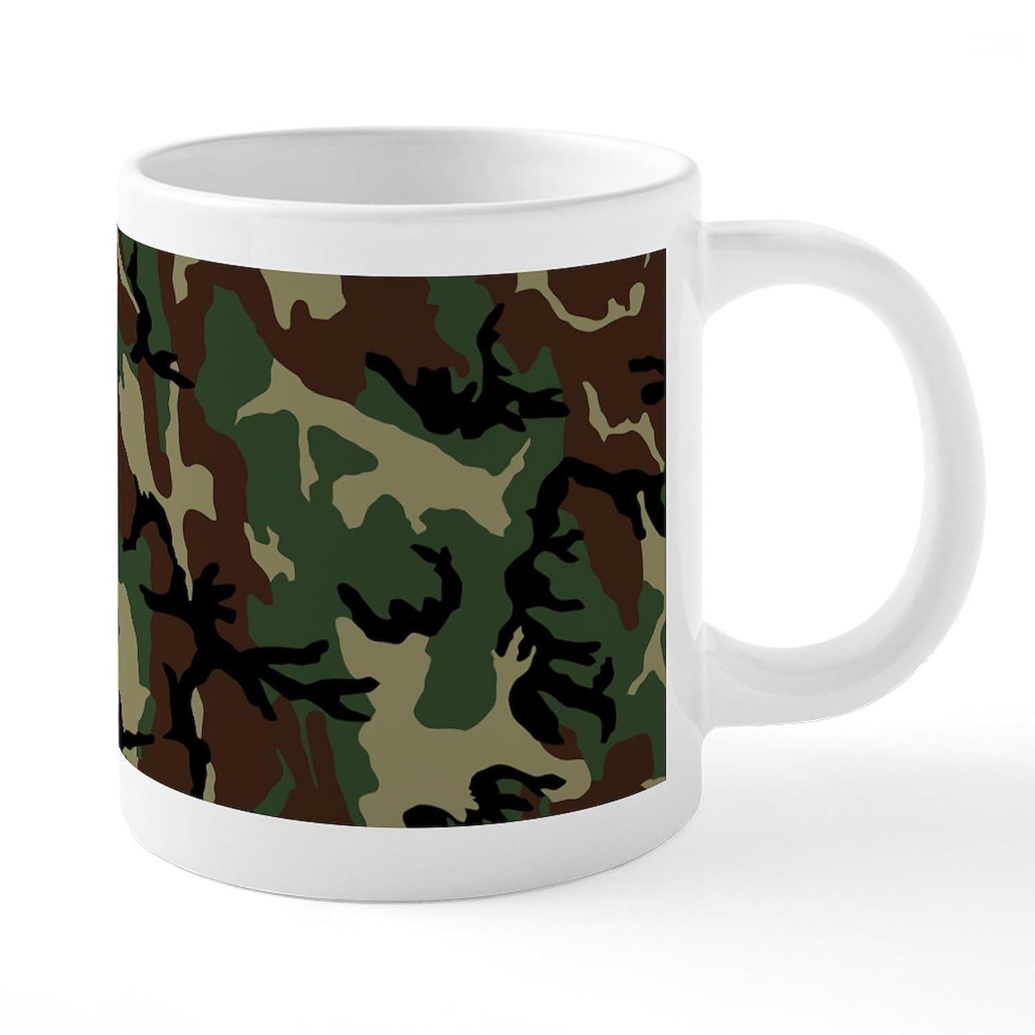 Tailorly White Ceramic 11 oz Mug - Tactical Woodland Design Featuring Organic Shapes In Earthy Forest Tones Camouflage