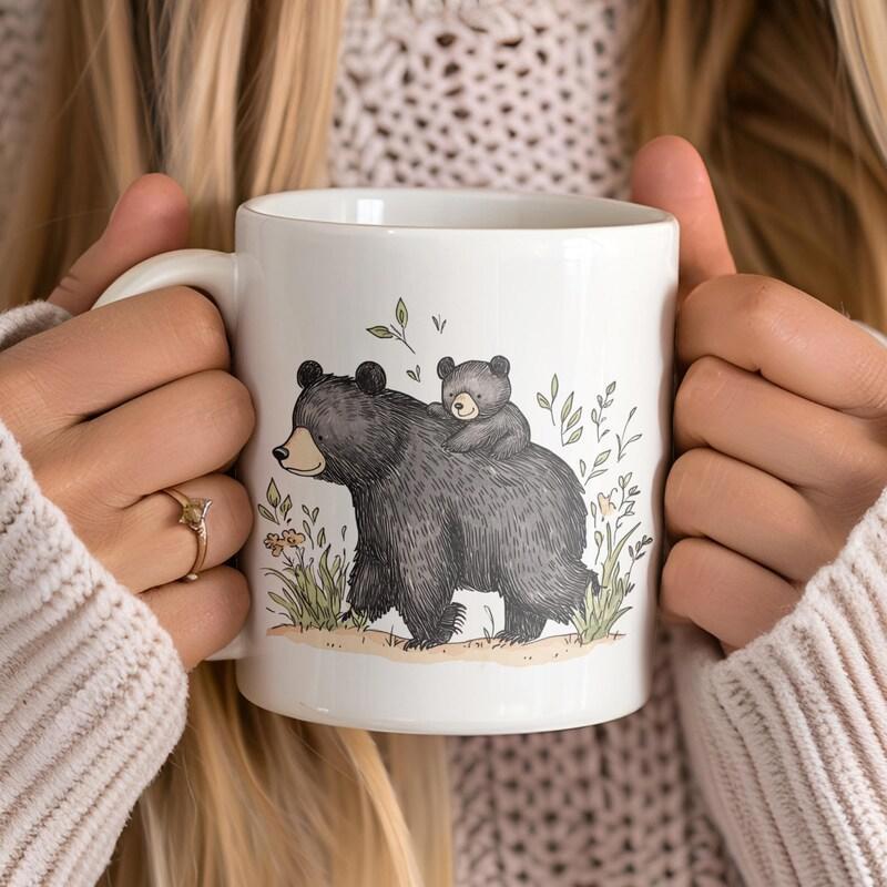 Tailorly White Ceramic 11 oz Mug - Loving Mother Bear Carrying Baby Cub Walking Through Wild Grass Bear