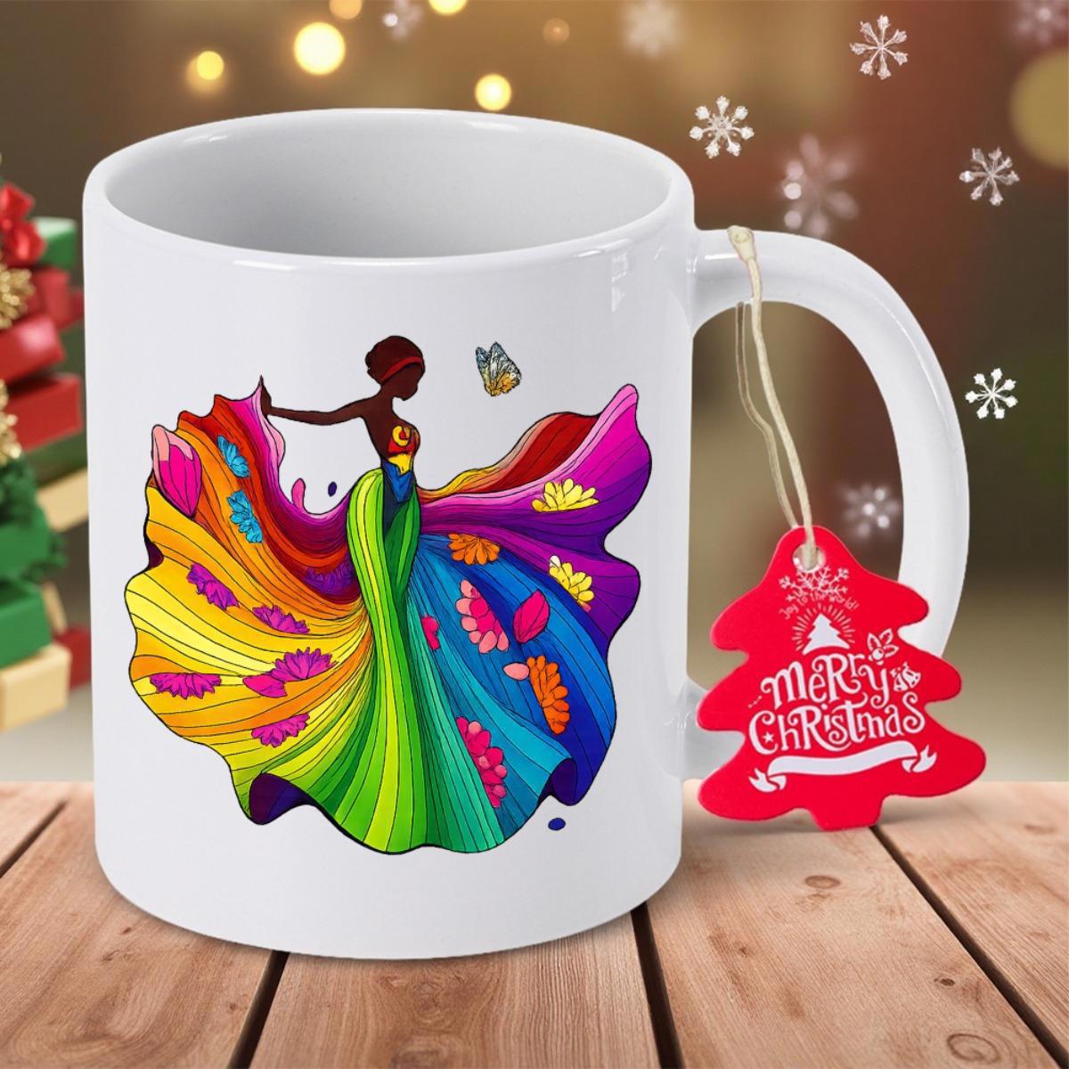 Tailorly White Ceramic 11 oz Mug - Vibrant Rainbow Flowing Gown With Artistic Patterns And Elegant Butterfly Lady