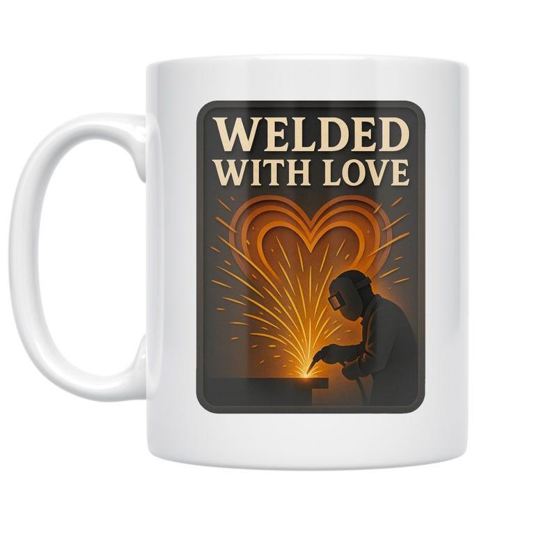 Tailorly White Ceramic 11 oz Mug - Welded With Love Industrial Silhouette Of Skilled Worker Creating Heart Shaped Golden Sparks Welder