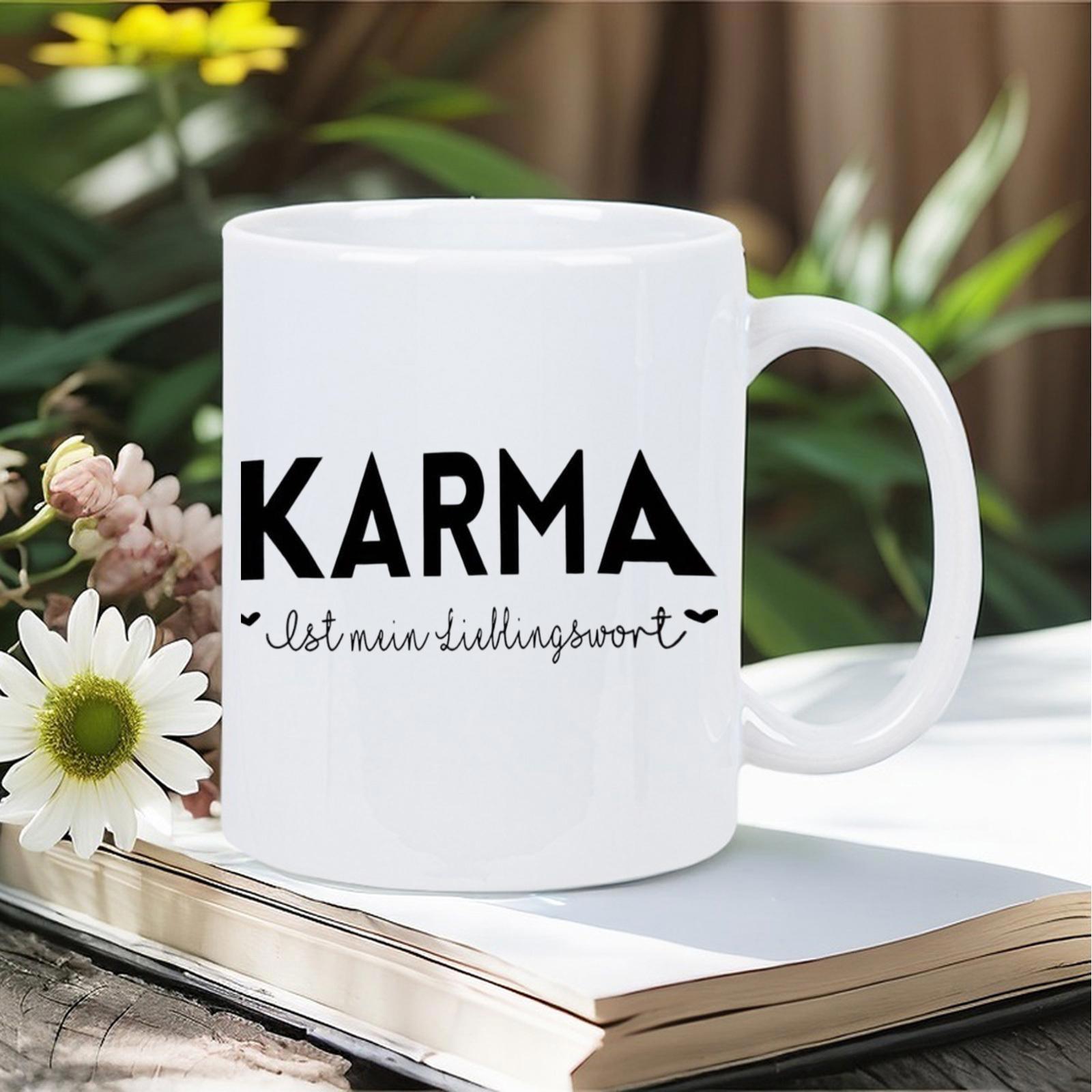 Tailorly White Ceramic 11 oz Mug - Karma Minimalist White Ceramic Vessel Resting On Vintage Book Garden Mug