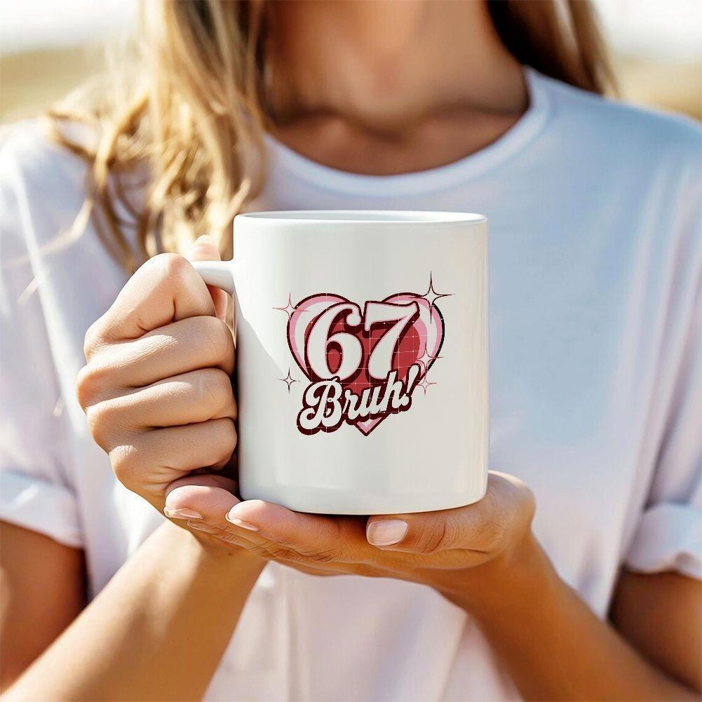 Tailorly White Ceramic 11 oz Mug - 67 Bruh Sparkling Retro Pink Background With Decorative Glittering Stars Artistic Heart